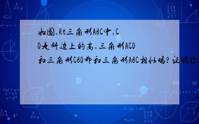 如图,Rt三角形ABC中,CD是斜边上的高,三角形ACD和三角形CBD都和三角形ABC相似吗?证明你的结论.