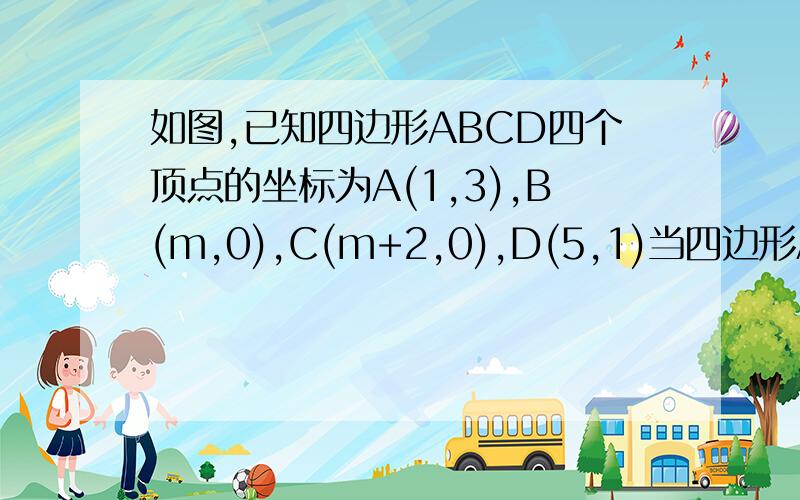 如图,已知四边形ABCD四个顶点的坐标为A(1,3),B(m,0),C(m+2,0),D(5,1)当四边形ABCD的周长最小时,m的值为